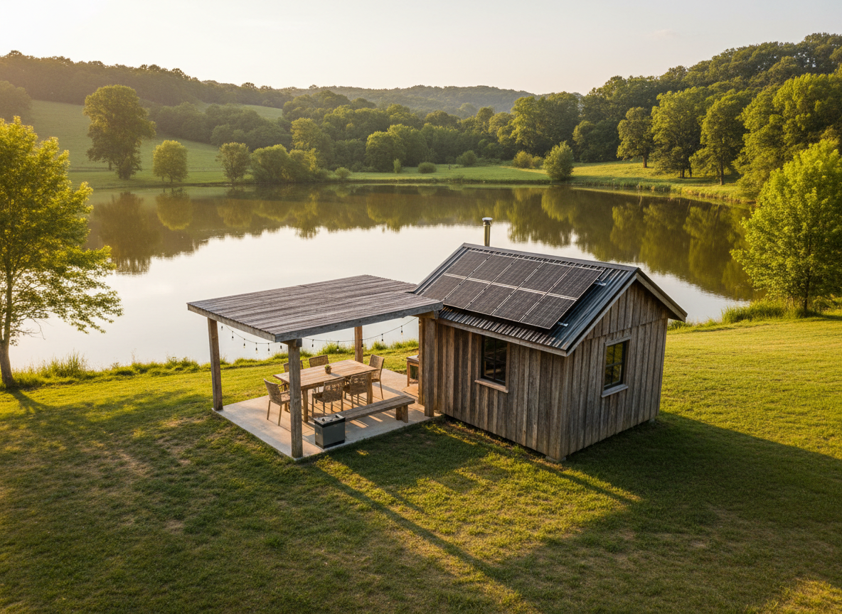 A serene countryside recreation space featuring a small off-grid cabin with a pitched metal roof hosting a compact array of black-framed solar panels, beside a calm lake surrounded by green hills. Nearby, a covered patio shelters an outdoor dining area, subtle string lights, and a small, silent solar-powered battery bank, all suggesting quiet comfort without visible cables or generators. Late afternoon sunlight bathes the scene in warm, golden tones, reflecting gently off the lake and solar glass, creating long, soft shadows. Photographic realism, wide-angle composition with sharp focus throughout. The atmosphere is peaceful and aspirational, emphasizing how solar systems support ecological goals, leisure, and a healthier lifestyle away from urban stress.