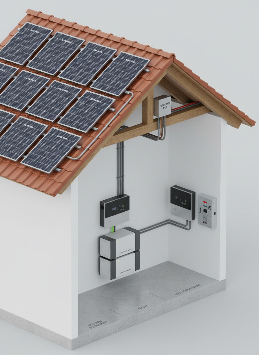A detailed, cross-sectional visualization of a complete residential photovoltaic system installation, with roof-mounted solar panels on clay tiles, DC wiring routed through metal conduits, a combiner box, inverter, and wall-mounted lithium battery bank in a spotless utility room. Each component is cleanly labeled with subtle, professional typography integrated into the scene, not as overlays. Neutral, bright studio lighting ensures every surface and connection is clearly visible, with soft shadows to create depth. Photographic realism with a slightly isometric perspective, providing a comprehensive, educational view without clutter. The mood is technical yet accessible, underscoring the precision engineering, safety, and long-term financial planning behind a well-designed solar project.