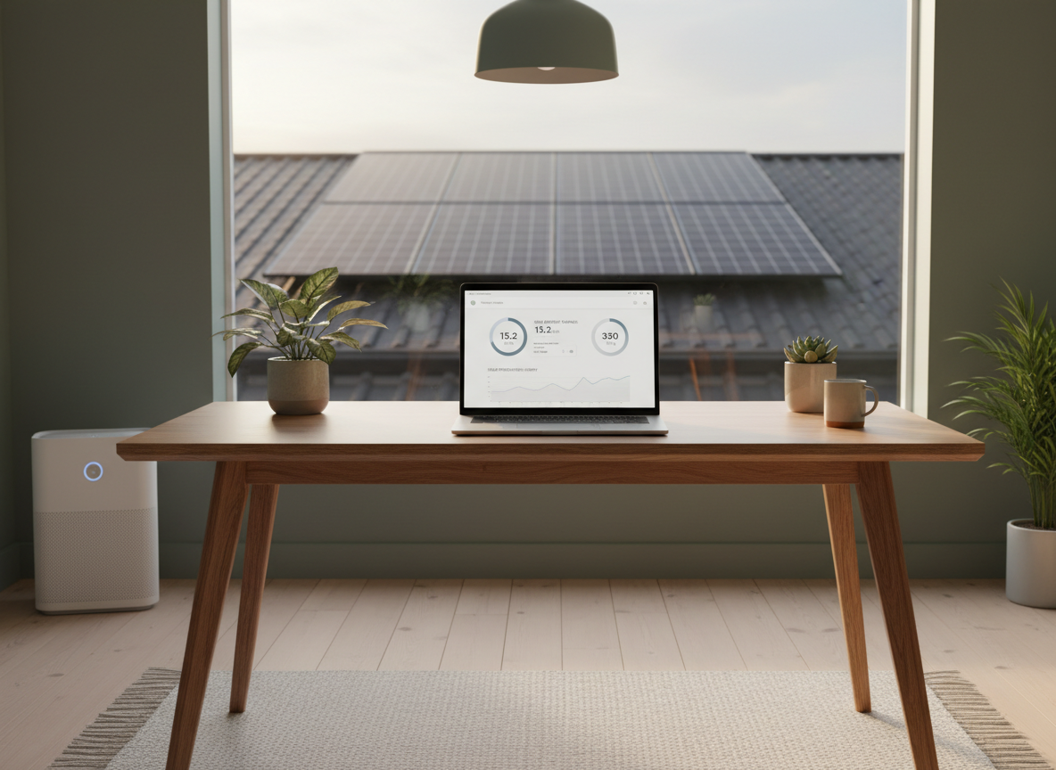 A minimalist home office interior powered by solar energy, featuring a sleek wooden desk with a modern laptop displaying a clean dashboard of energy savings and carbon reduction metrics, sourced from the home’s solar system. In the background, through a large window, a rooftop array of dark monocrystalline panels is visible under soft afternoon light. Indoor lighting is gentle and warm, complementing the natural daylight. The room is tidy, with a few potted plants and an energy-efficient air purifier, suggesting health and comfort. Captured with photographic realism from a slightly elevated angle, using the rule of thirds and a shallow depth of field that keeps the laptop and data in sharp focus, the mood is calm, productive, and financially empowering.